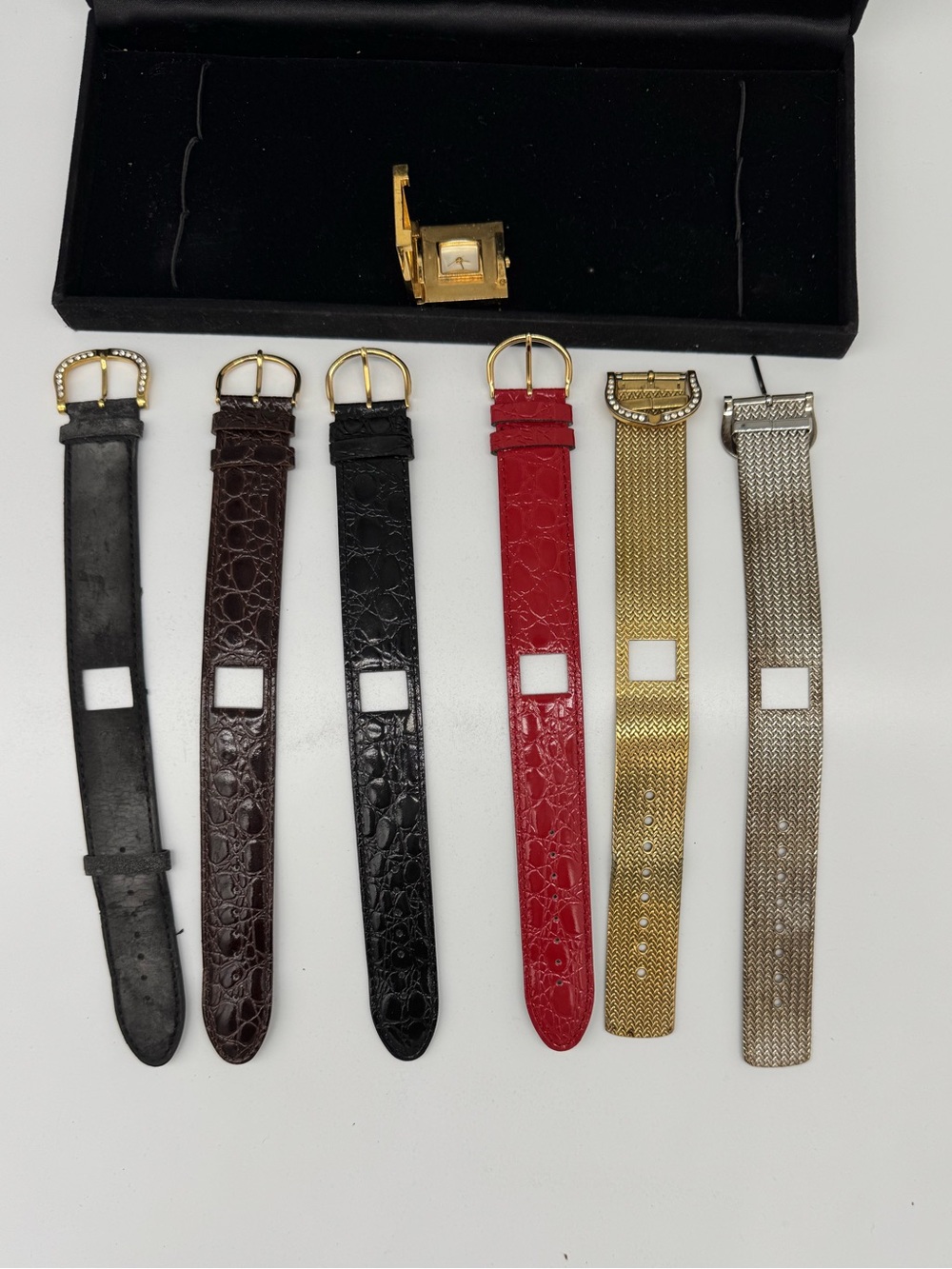 Vintage Interchangeable Watch Set 6 Bands, Crystal Square Face, Gold Tone Watch